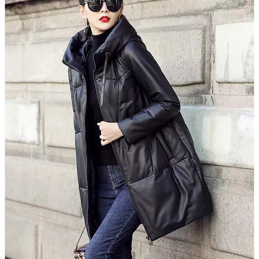 Black Cotton PU leather Jacket Women's 2023 Winter New Loose Hooded Coat Thicken Snow Parkas Warm Female Long Leather Overcoat